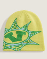 Yellow beanie with green and blue pattern on a light gray background