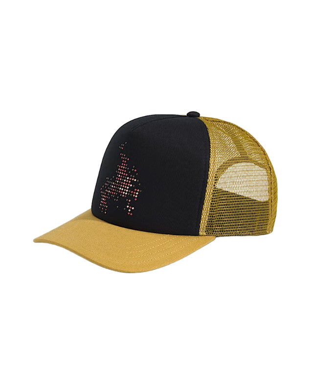 Black and mustard yellow cap with mesh back on a light gray background