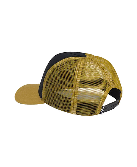 Yellow and black mesh cap on a light gray background