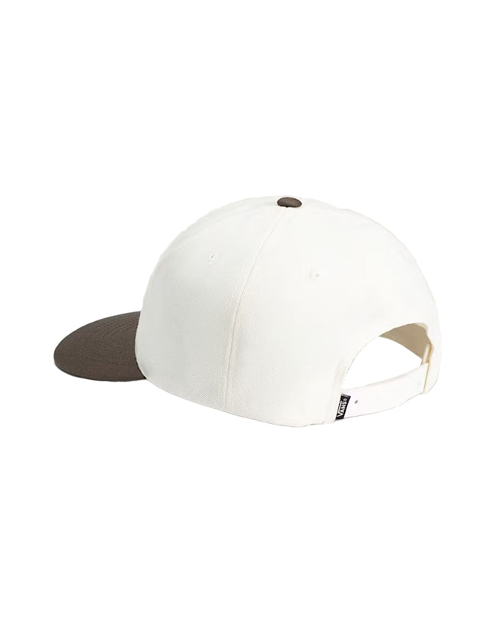 White and brown snapback cap on a light gray background