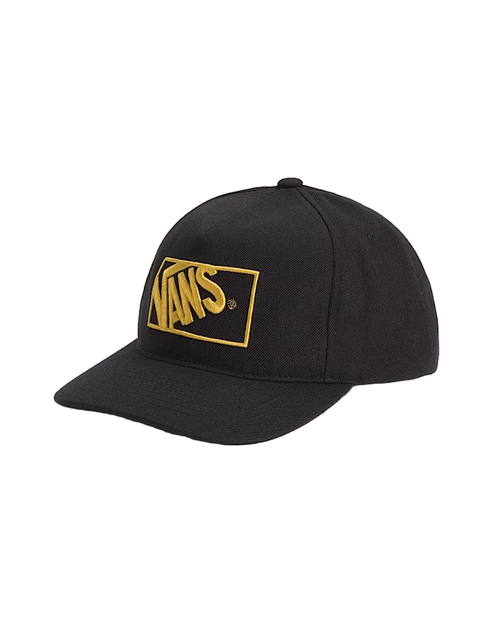 Black cap with gold Vans logo on a light gray background