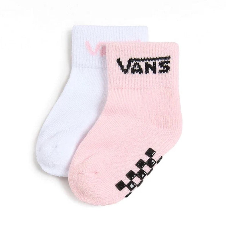 Two pairs of socks, one pink and one white, with Vans logo on a white background.