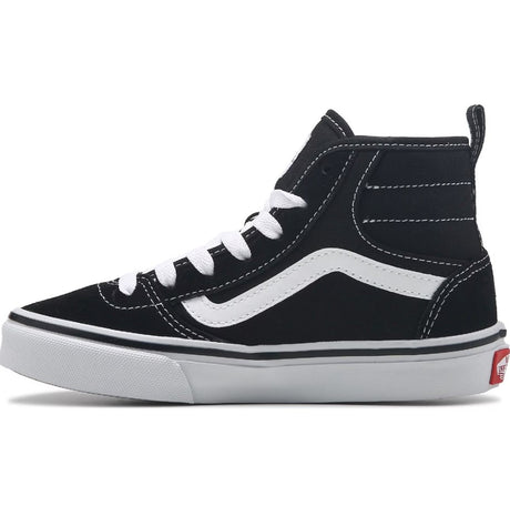 Black and white high-top sneaker on a white background.  Can be purchased at www.sneakersplus.ca