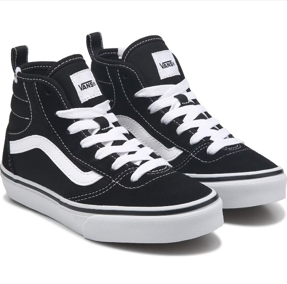 Black and white Vans sneakers on a white background.  Can be purchased at www.sneakersplus.ca