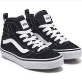 Black and white Vans sneakers on a white background.  Can be purchased at www.sneakersplus.ca