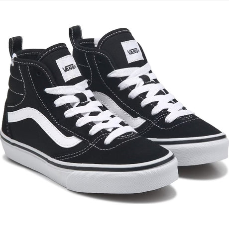 Black and white Vans sneakers on a white background.  Can be purchased at www.sneakersplus.ca