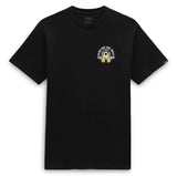 Black t-shirt with a small graphic on the chest against a white background