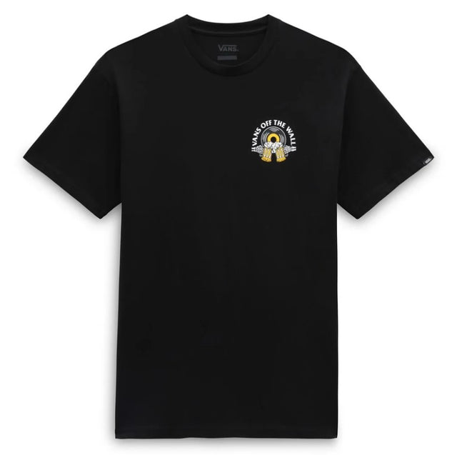 Black t-shirt with a small graphic on the chest against a white background