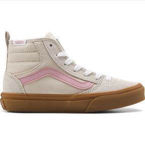 Beige and pink Vans high-top sneaker with brown sole on a white background.  Can be purchased at www.sneakersplus.ca