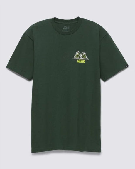 Green t-shirt with a small logo on a white background