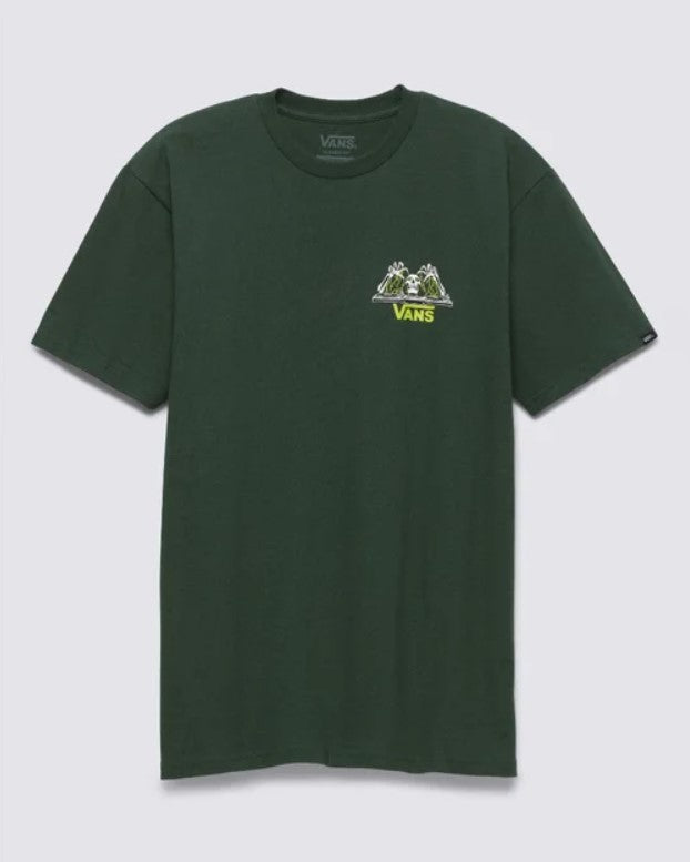 Green t-shirt with a small logo on a white background