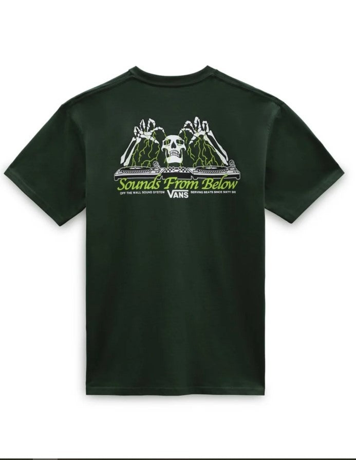 Green  t-shirt with 'Sounds From Below' graphic design on a white background