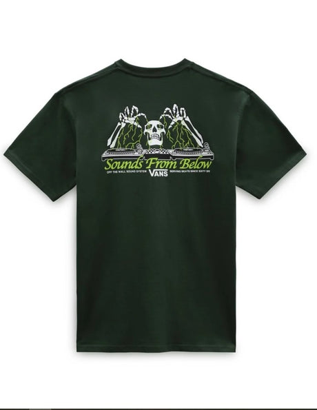 Green  t-shirt with 'Sounds From Below' graphic design on a white background
