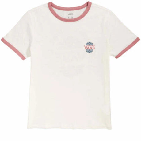 White t-shirt with pinkish trim and a small vans logo between a flower on a white background