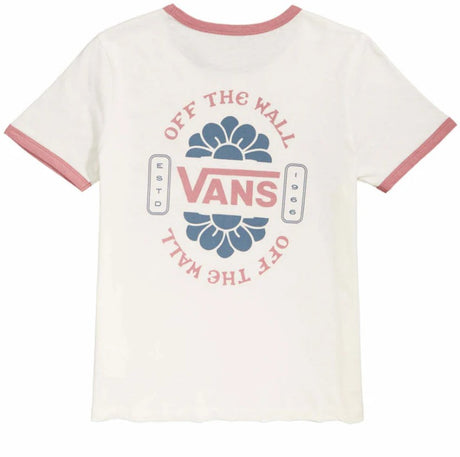 White t-shirt with pink trim featuring 'Off The Wall Vans' logo between a larger flower on a white background