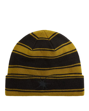 Black and mustard yellow striped beanie on a light gray background