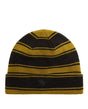 Black and mustard yellow striped beanie on a light gray background