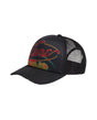 Black trucker cap with colorful logo on a light gray background