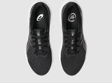 Black running shoes with brand logo on a light gray background