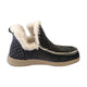 A single slip-on ankle boot with a dark gray textured knit upper, cream faux-fur lining, and a beige sole, shown from a side profile on a light gray background.