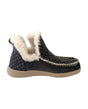 A single slip-on ankle boot with a dark gray textured knit upper, cream faux-fur lining, and a beige sole, shown from a side profile on a light gray background.